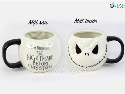 Ly gốm Halloween mặt cười trắng đen có quai cầm LGOM-01
