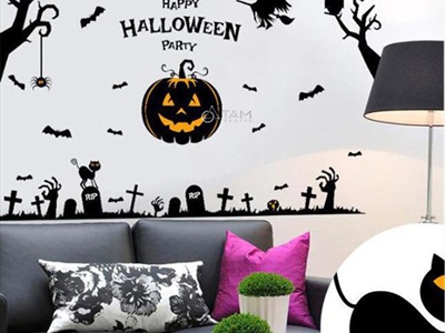 Set Decal Halloween chủ đề bí ngô hắc ám khổ 1.4x0.9m DECAL-HLW1409-01