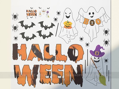 Set Decal Halloween chủ đề Ôh ba ma trắng khổ lớn 2x2m DECAL-HLW2M-002