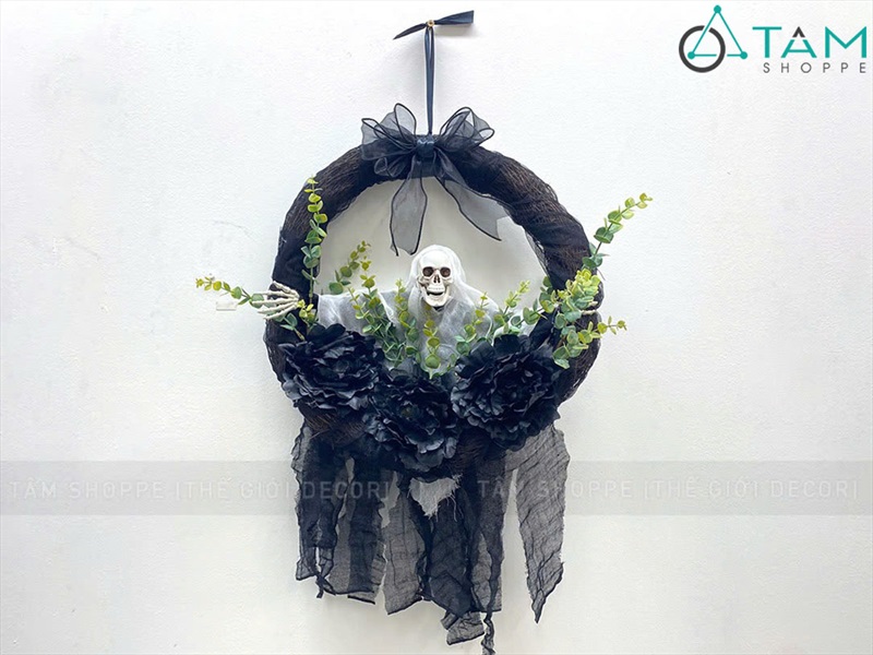 Vòng treo cửa Halloween ma dang tay lá xanh [ĐK40-50cm - handmade] VTC-HLW-05