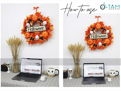 Vòng treo cửa Halloween lá phong vàng thu 4 nơ cam đen ĐK40cm VTC-HLW-01