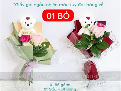 Bó 1 bông hồng sáp có gấu kiểu hoa cưới [Tặng Sticker - Gói đẹp] HOASAP-04