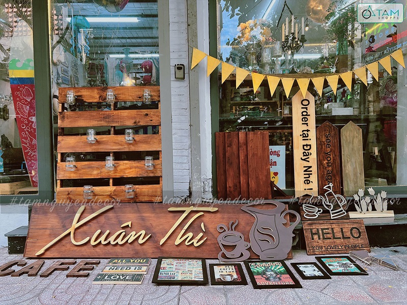 Bộ bảng hiệu gỗ, chữ gỗ, tranh gỗ decor quán cafe Xuân Thì [Nhận thi công] CC-QUANCAFE-01