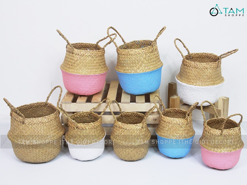 Giỏ cói sơn màu hình chum có quai 2 size GIO-02