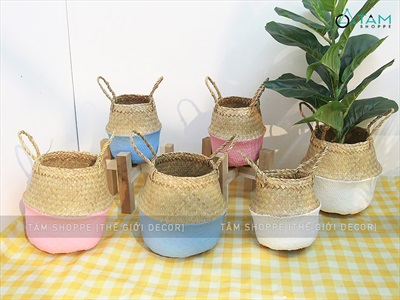 Giỏ cói sơn màu hình chum có quai 2 size GIO-02