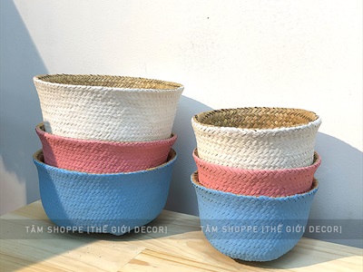 Giỏ cói sơn màu hình chum có quai 2 size GIO-02