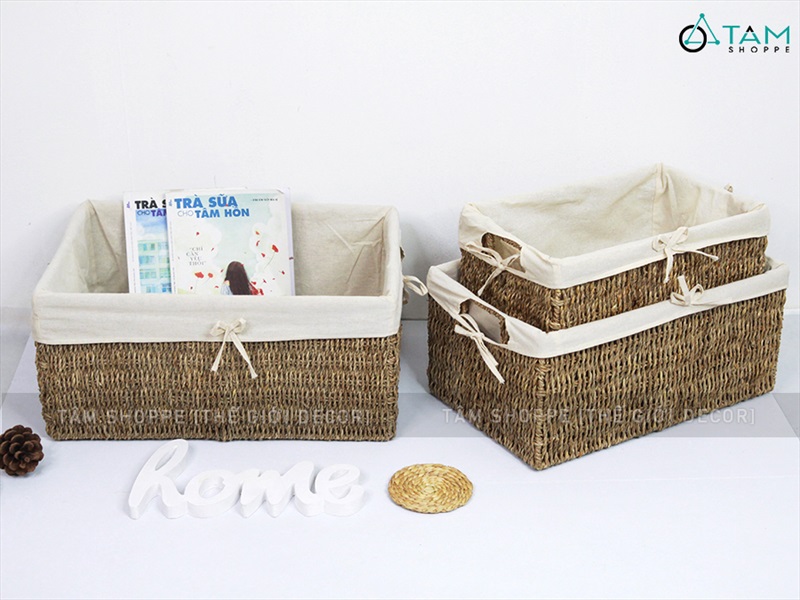 Khay cói chữ nhật đan dày có vải lót 3 size KHAY-COI-01