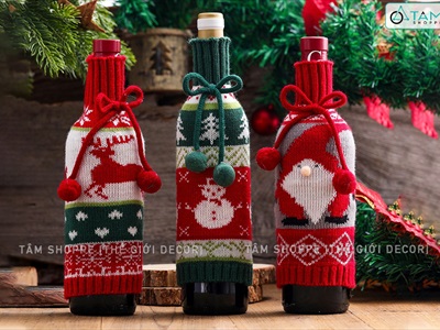 Áo vải bọc chai rượu Noel vải len cổ lọ BCHR-X-05