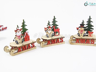 Mô hình xe trượt tuyết gỗ nhỏ lắp ráp DIY có chữ XMAS MHDB-XMAS-08