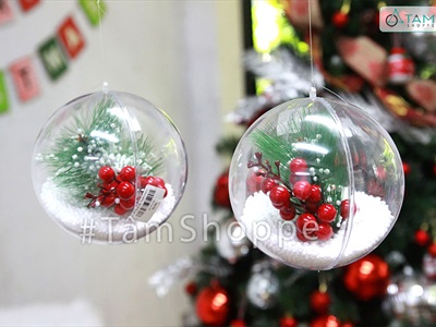 Trái châu Noel trong suốt lá thông trái đỏ có tuyết [ĐK14cm - Xinh yêu] TRAICHAU-39