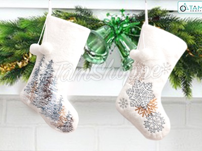Vớ tất Noel vải lông trắng thêu họa tiết Bắc Âu D50cm VOTAT-X-05