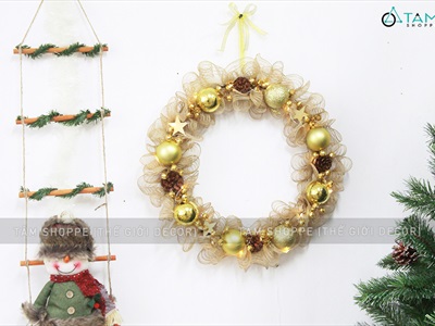 Vòng nguyệt quế Noel lưới bố nhún bèo 8 trái châu ĐK50cm (Có đèn Led) VNGQ-X-35