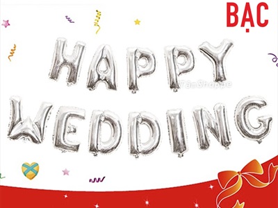Bong bóng kiếng chữ HAPPY WEDDING cao 33cm BBK-HPWD-01
