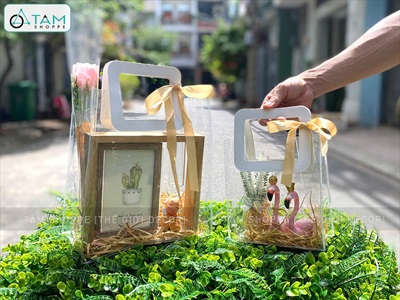 Túi nhựa dẻo trong suốt đựng quà quai vuông [Kèm ruy băng - 2 cỡ] TUIDUNG-06