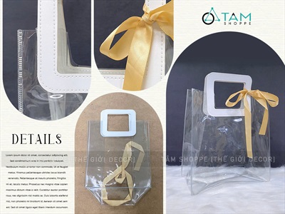 Túi nhựa dẻo trong suốt đựng quà quai vuông [Kèm ruy băng - 2 cỡ] TUIDUNG-06