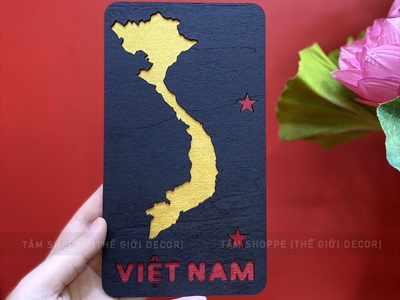 Tranh gỗ bản đồ Việt Nam thẻ chữ nhật 2 lớp [20x10cm - tặng icon] TRANHGO-08