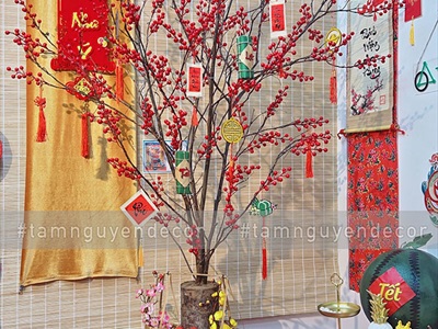 Cành đào đông đỏ 12 nhánh hàng xịn [Trái to - căng đẹp] CANHTRAI-04