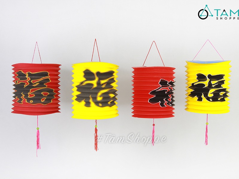 Set 02 Lồng đèn giấy con sâu chữ Phúc trơn màu ĐK16-18cm (tặng que cầm) LDEN-GIAY-04