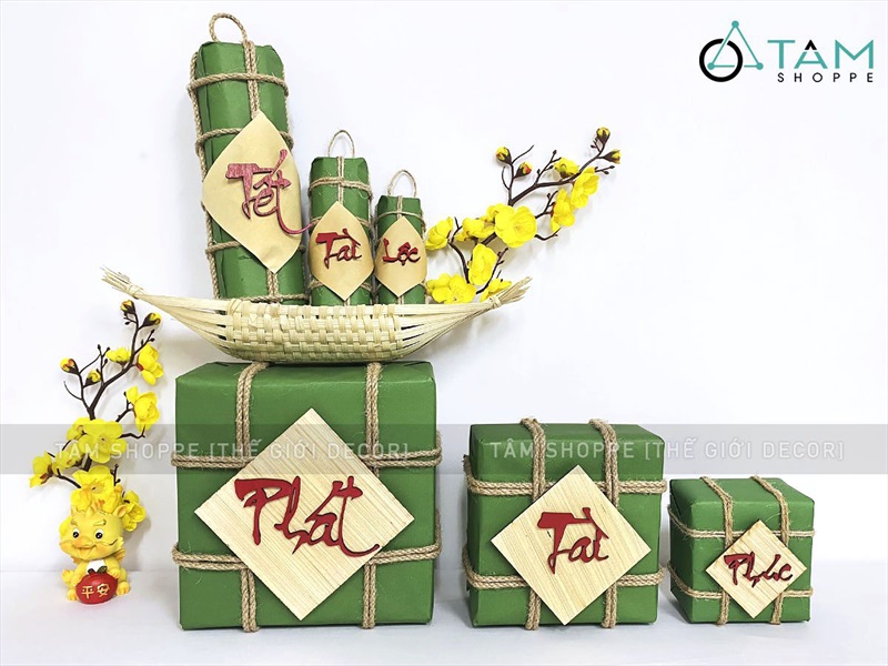 Mô hình bánh chưng bánh tét mộc Vintage [Thủ công - Ngẫu nhiên chữ] CHUNGTET-02