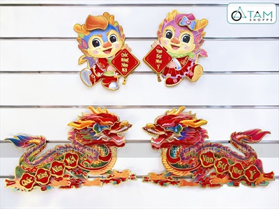 Set 02 Rồng giấy dán cửa dán tường ngày Tết [Ép kim - sắc nét] DANTUONG-01