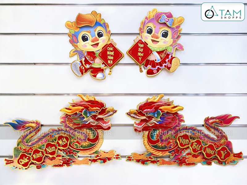 Set 02 Rồng giấy dán cửa dán tường ngày Tết [Ép kim - sắc nét] DANTUONG-01