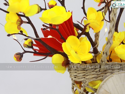 Tiểu cảnh Tết giỏ cói 2 nón chữ Tết giấy đỏ C28cm TCĐB-TET-02