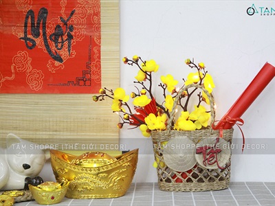 Tiểu cảnh Tết giỏ cói 2 nón chữ Tết giấy đỏ C28cm TCĐB-TET-02