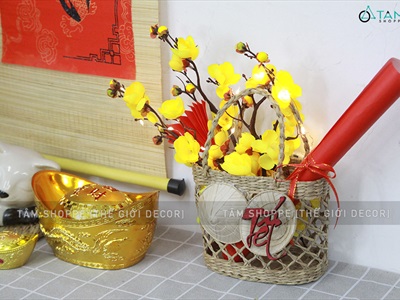 Tiểu cảnh Tết giỏ cói 2 nón chữ Tết giấy đỏ C28cm TCĐB-TET-02