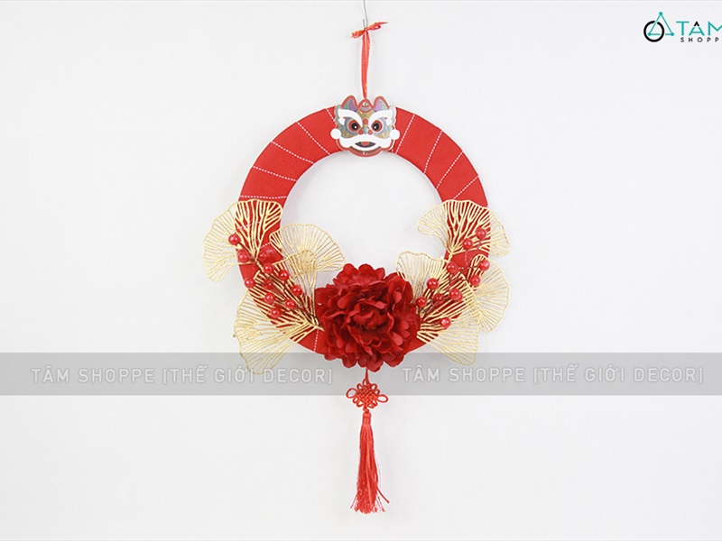 Vòng treo cửa Tết mẫu đơn rẻ quạt vòng đỏ ruy băng ĐK30-35cm VTC-T-38
