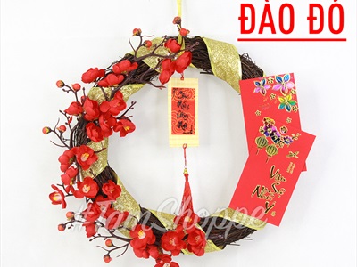 Vòng treo cửa Tết ruy băng xoáy nửa vòng hoa 2 lì xì ĐK35-40cm VTC-T-39
