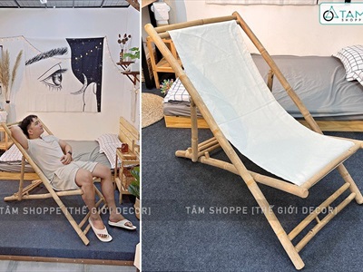 Ghế xếp bãi biển vải canvas khung tre ngoài trời cỡ lớn BANGHE-00