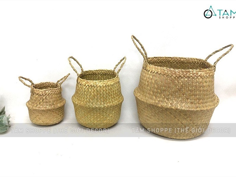 Giỏ cói trồng cây đựng đồ hình chum 2 quai xách GIO-01