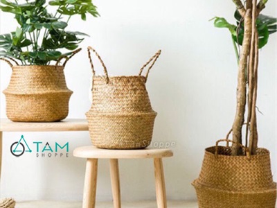 Giỏ cói trồng cây đựng đồ hình chum 2 quai xách GIO-01