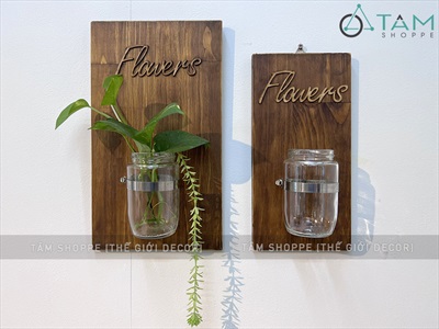 Tấm gỗ lọ thủy tinh treo tường thủy canh nâu đen Rustic (tặng đinh tường) BINHLOHOA-04