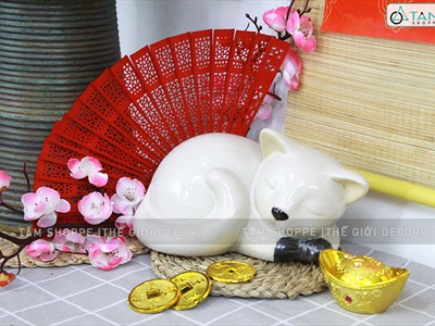 Tượng mèo gốm trắng nằm ngủ D21cm TCV-MEO-01