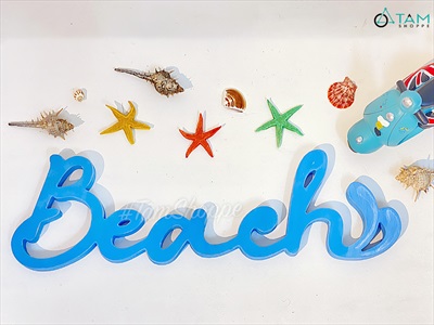Chữ gỗ Beach màu xanh biển đuôi sóng [Tự đứng - 15x49cm] CHUGO-09