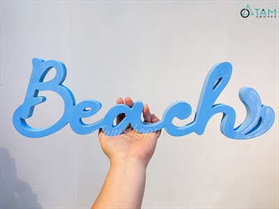Chữ gỗ Beach màu xanh biển đuôi sóng [Tự đứng - 15x49cm] CHUGO-09