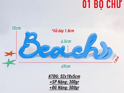 Chữ gỗ Beach màu xanh biển đuôi sóng [Tự đứng - 15x49cm] CHUGO-09