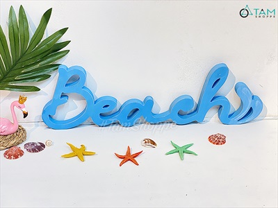 Chữ gỗ Beach màu xanh biển đuôi sóng [Tự đứng - 15x49cm] CHUGO-09