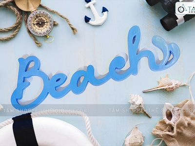 Chữ gỗ Beach màu xanh biển đuôi sóng [Tự đứng - 15x49cm] CHUGO-09