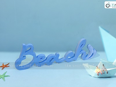 Chữ gỗ Beach màu xanh biển đuôi sóng [Tự đứng - 15x49cm] CHUGO-09