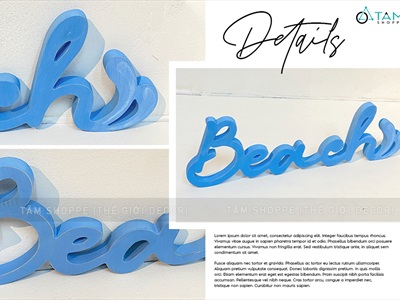 Chữ gỗ Beach màu xanh biển đuôi sóng [Tự đứng - 15x49cm] CHUGO-09