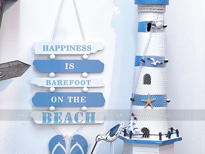 Dây treo đôi dép 5 thẻ gỗ Happiness chủ đề biển [2 màu - Dài 46cm] DTR-BIEN-13