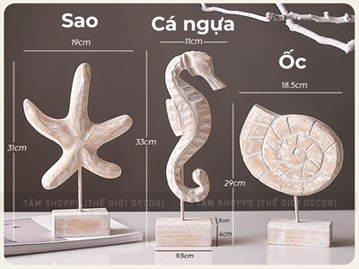 Standee tượng gỗ mốc trắng 3 kiểu chủ đề biển [Thủ công - Cao 29-33cm] STANDEE-BIEN-02