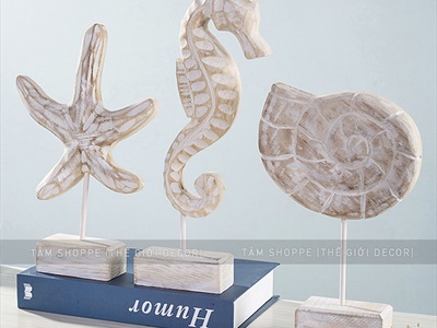 Standee tượng gỗ mốc trắng 3 kiểu chủ đề biển [Thủ công - Cao 29-33cm] STANDEE-BIEN-02