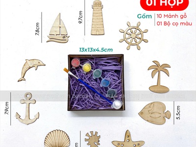 Hộp 10 phụ kiện gỗ tô màu chủ đề mùa hè DIY [Kèm màu + cọ vẽ] SET-DIY-01