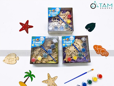 Hộp 10 phụ kiện gỗ tô màu chủ đề mùa hè DIY [Kèm màu + cọ vẽ] SET-DIY-01