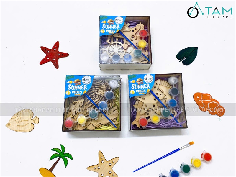 Hộp 10 phụ kiện gỗ tô màu chủ đề mùa hè DIY [Kèm màu + cọ vẽ] SET-DIY-01