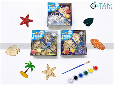 Hộp 10 phụ kiện gỗ tô màu chủ đề mùa hè DIY [Kèm màu + cọ vẽ] SET-DIY-01