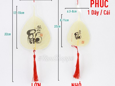 Dây treo lá bồ đề vàng chữ thư pháp PKT-TET-01